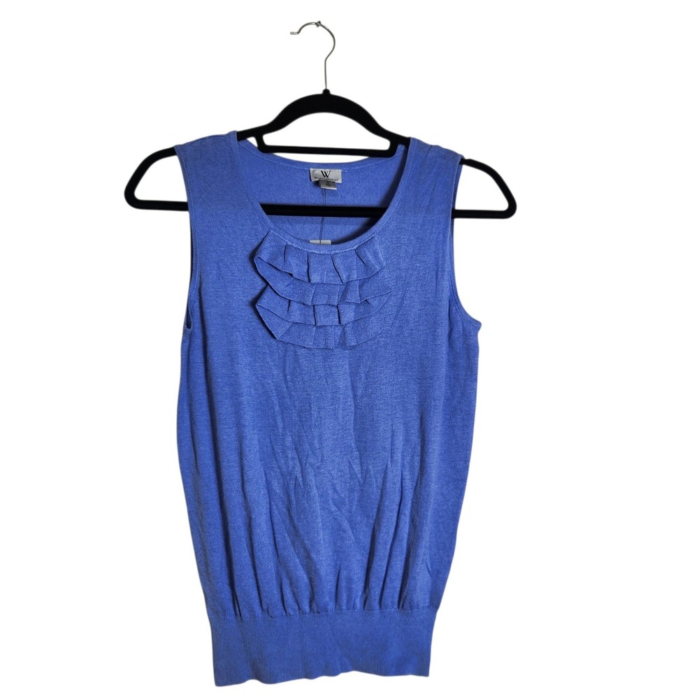 Worthington Womens Ruffle Neck Sleeveless Knit Top Jamestown Blue Size M